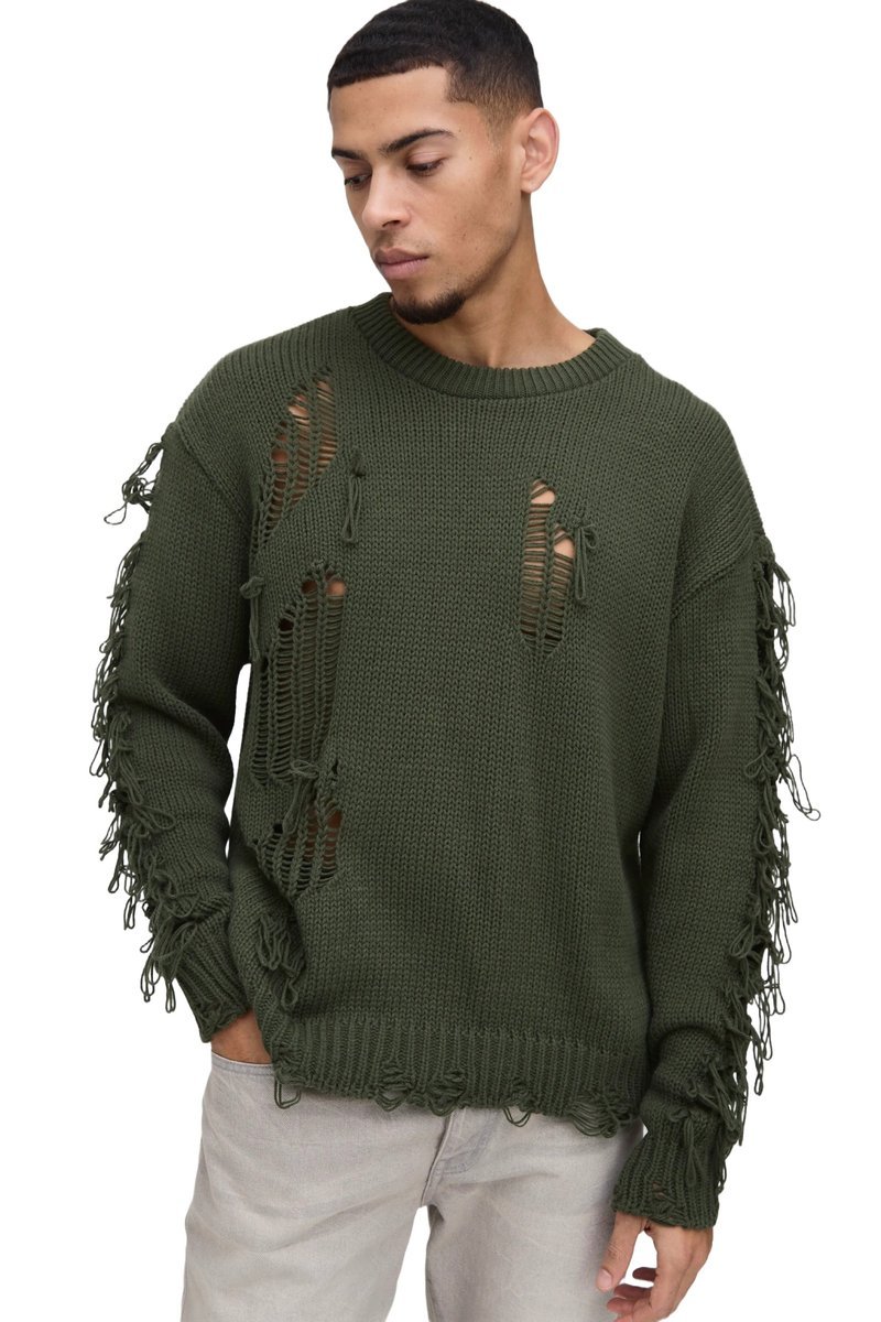 BOOHOOMAN MĘSKI SWETER Z DZIURAMI I FRĘDZLAMI KOLOR ZIELONY XL Z3A*