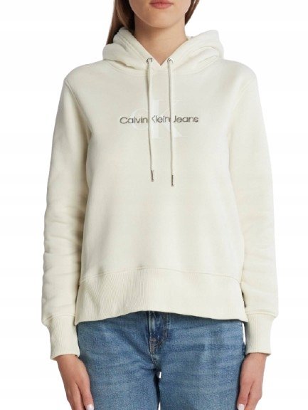 CALVIN KLEIN JEANS KREMOWA BLUZA Z KAPTUREM Z LOGO L XQA