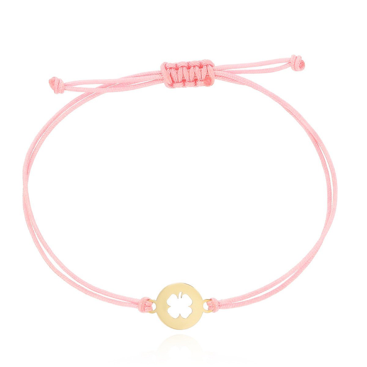 Bransoletka różowy sznurek koniczynka w złotym kółku pr.585