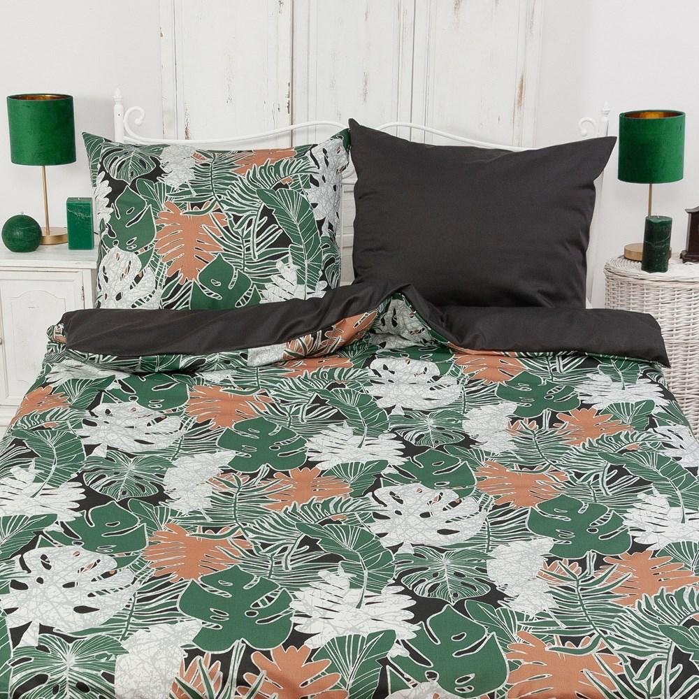 Pościel satynowa 160x200 Prestige 29 18805/1 zielona czarna liście