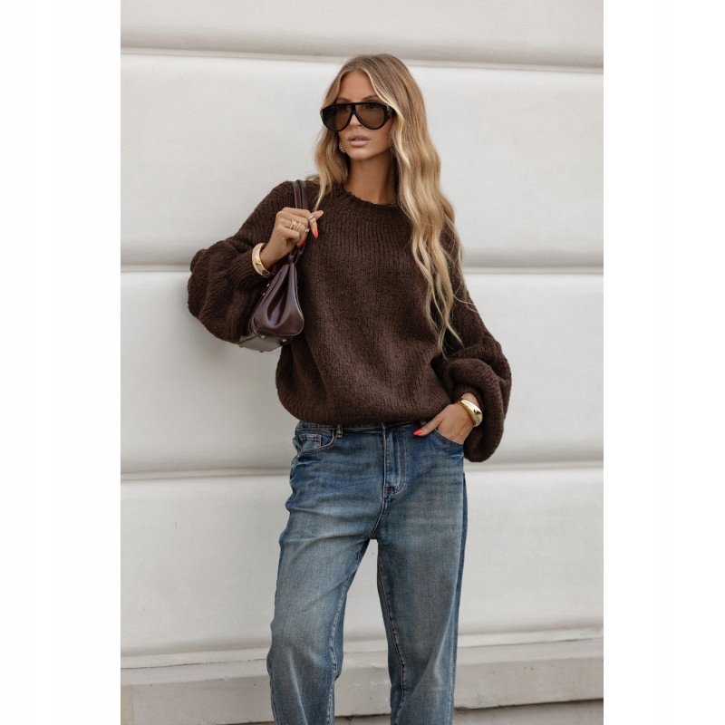 SWETER MOHEROWY Z BUFIASTYMI RĘKAWAMI BRĄZOWY