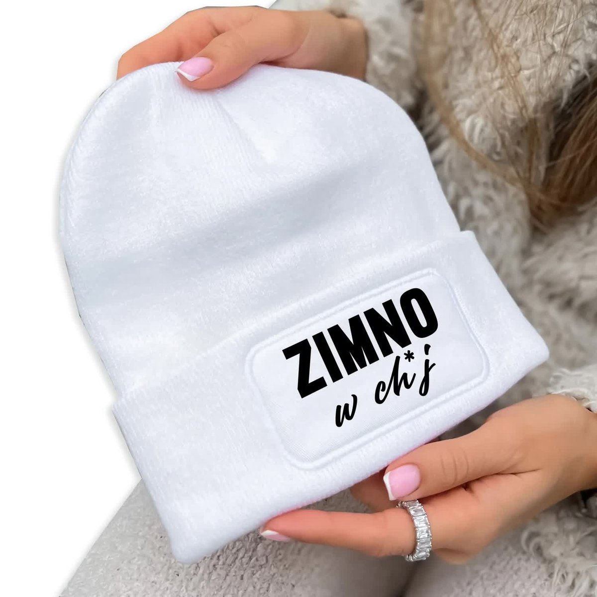 Czapka Jesienna Bawełniana ZIMOWA Biała Beanie ZIMNO W CH*J Prezent Wzory