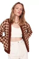 Swetry damskie - Trendyol Damski sweter rozpinany z dekoltem w serek z wzorem pepitki, brązowy, L, Brązowy, L - miniaturka - grafika 1