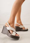 Sandały damskie - Beżowe Sandały na Platformie i Koturnie z Geometryczną Cholewką Adrasithise - Renee - miniaturka - grafika 1