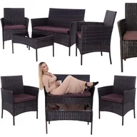 Meble ogrodowe - Meble ogrodowe technorattanowe komplet sofa, 2 fotele i stolik ze szklanym blatem brązowe - miniaturka - grafika 1