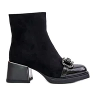 Botki damskie - S.Barski Eleganckie Botki Damskie Na Obcasie Z Ozdobą Czarne MR880-127 - miniaturka - grafika 1