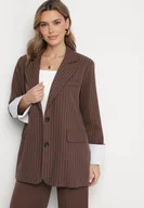 Marynarki i żakiety damskie - Ciemnobrązowa Jednorzędowa Marynarka Pudełkowa w Prążki Fonevia - miniaturka - grafika 1