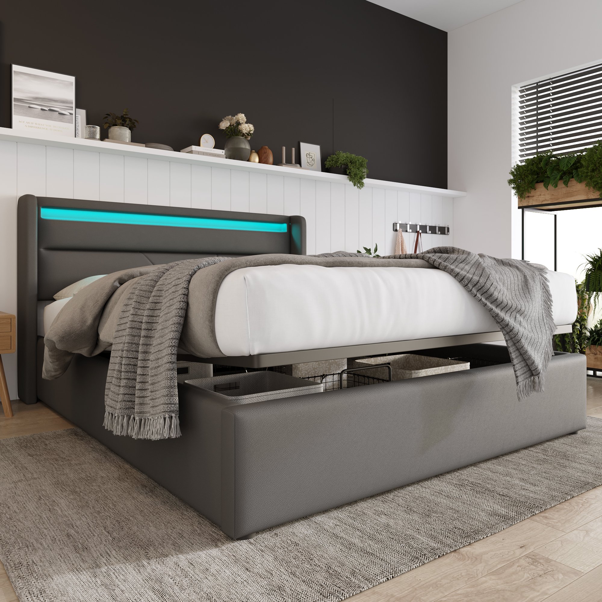 Łóżko tapicerowane hydrauliczne Merax 140x200cm z LED i podstawą łóżka, łóżko do przechowywania ze stelażem listwowym, funkcjonalne łóżko podwójne imitacja skóry