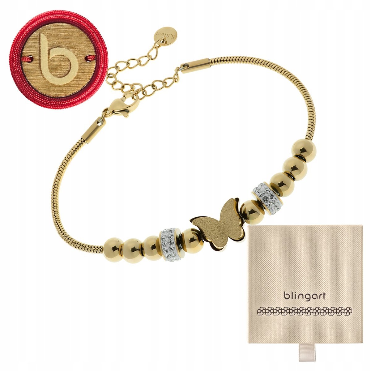 Bransoletka damska POZŁACANA motylek koraliki cyrkonie PREZENT BLINGART