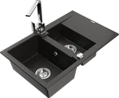 Zlewozmywaki z baterią - Mexen Gaspar zlewozmywak granitowy 1,5-komorowy z ociekaczem i baterią kuchenną Rita, czarny/złoty  - 6507-75-670300-00 - miniaturka - grafika 1