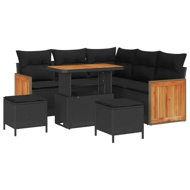 Zestaw Narożny Sofa Ogrodowa z Stołem i Taboretami, Polirattan, Czarny