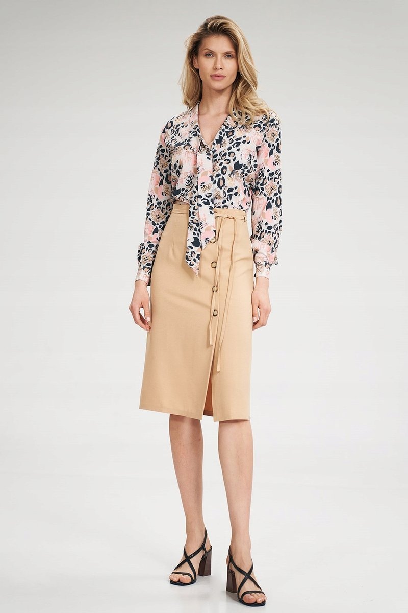 Elegancka SPÓDNICA z zakładką OZDOBNE GUZIKI beżowa S