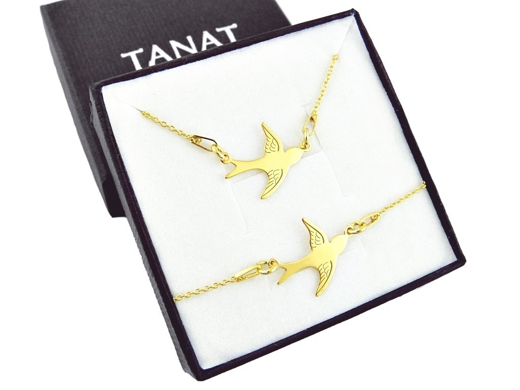 Pozłacany komplet ptaki jaskółki JASKÓŁKA srebro 925