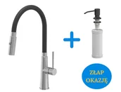 Baterie kuchenne - Quadron POP Bateria zlewozmywakowa stalowa GINA STEELQ z elastyczną czarną wylewką i funkcją prysznica plus dozownik okrągły do płynu KEIRA kolor pure carbon - miniaturka - grafika 1
