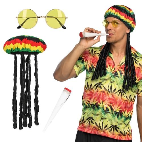 Boland 54584 – Czapka rasta w stylu jamajskim z włosami, okularami i papierosem, dredami, akcesoria do kostiumów na karnawał, festiwale i imprezy tematyczne