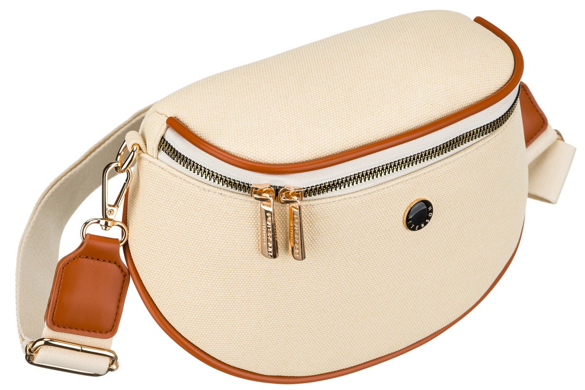 Listonoszka damska beżowa PETERSON mała saszetka z szerokim odpinanym paskiem kieszonki na suwak modna miejska z brązowym obszyciem