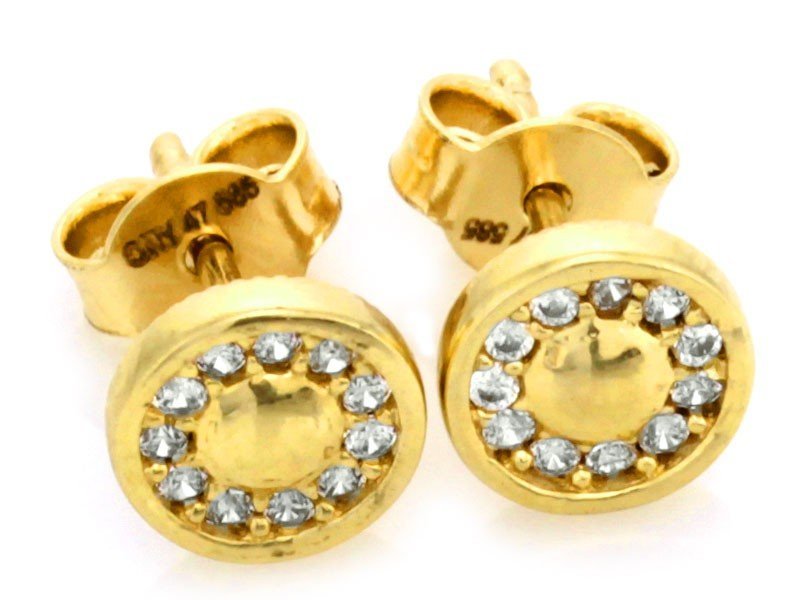 Okrągłe złote 585 kolczyki z cyrkoniami 1.36g