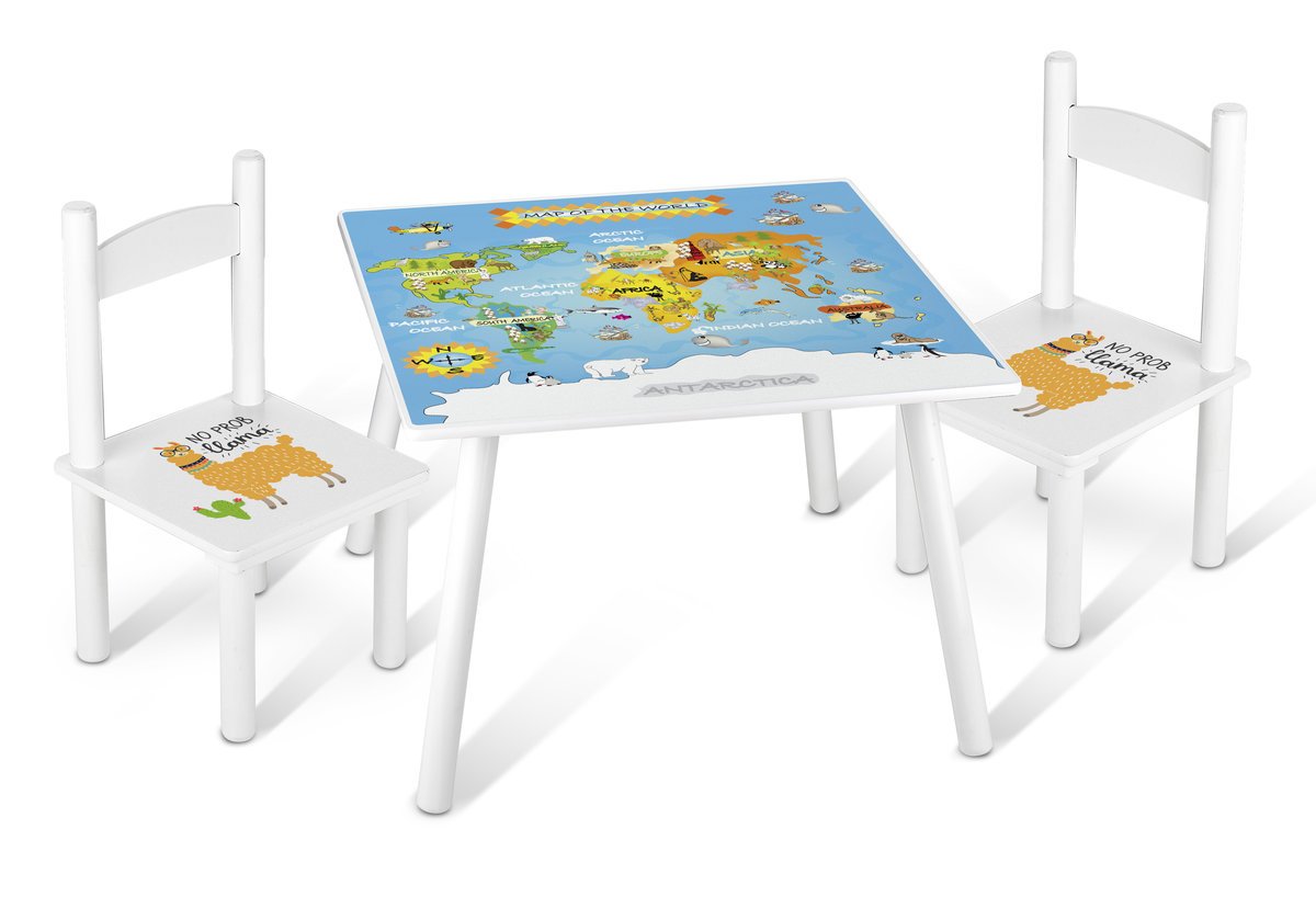 Stolik Dziecięcy Drewniany, 2 Krzesełka – Kolorowy Zestaw Nadruk 60x60x42cm
