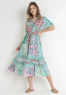 Sukienki - Miętowo-Różowa Kwiecista Sukienka Midi z Gumką w Talii z Falbanką z Wiskozy Jazaria - miniaturka - grafika 1