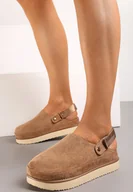 Klapki i japonki damskie - Ciemnobeżowe Klapki w Typie Chodaków na Grubej Podeszwie Jrea - miniaturka - grafika 1