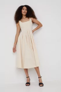 Sukienki - Sisley sukienka kolor beżowy midi rozkloszowana - grafika 1