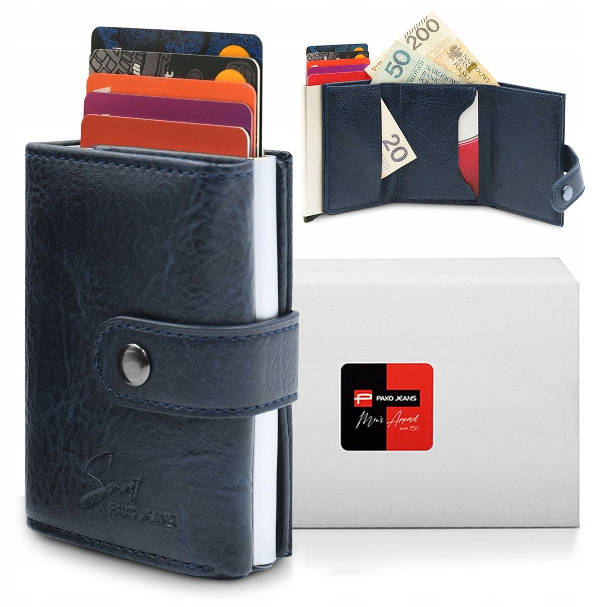 Automatyczny PORTFEL na Karty z Ochroną RFID Wysuwany Pako Jeans GRANATOWY
