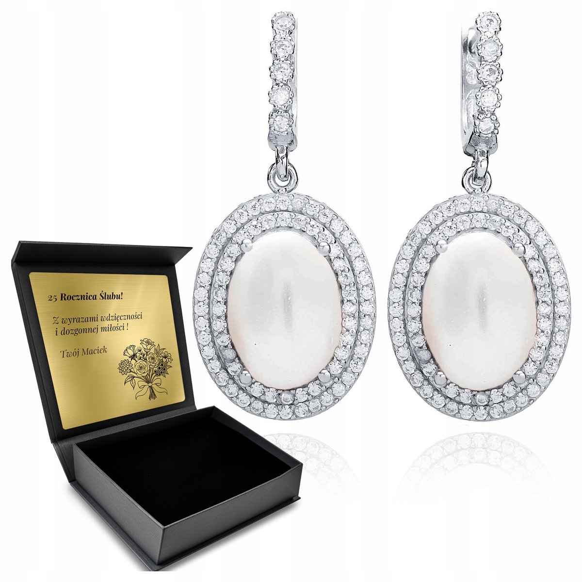 Kolczyki Srebrne 925 Z Cyrkoniami I Perłą Biżuteria Dla Kobiety + Grawer