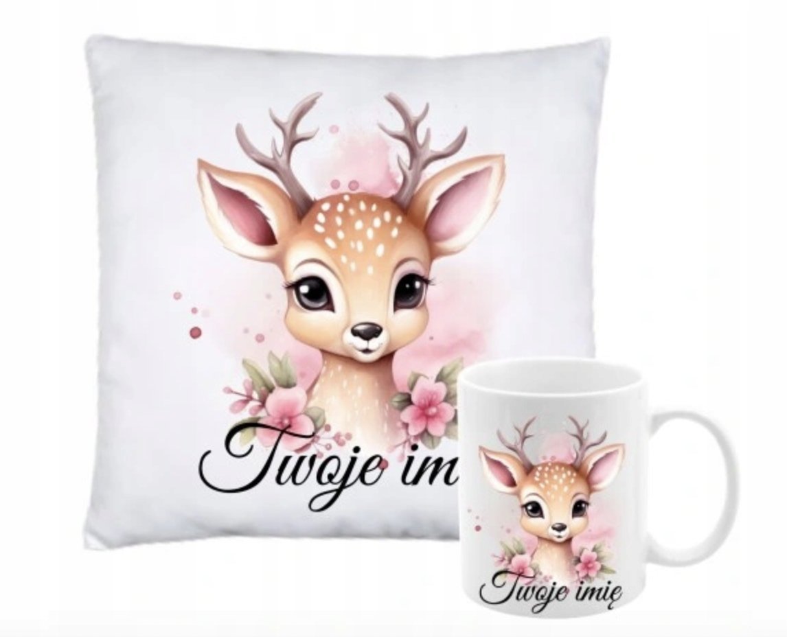 ZESTAW PODUSZKA + KUBEK Prezent SŁODKA SARENKA JELONEK LAS + IMIĘ 18