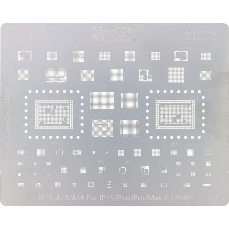 Metalowe sito AMAOE U-IP11 0,12 mm szablon do reballingu / naprawy procesora A16 / A17 do iPhone z serii 15