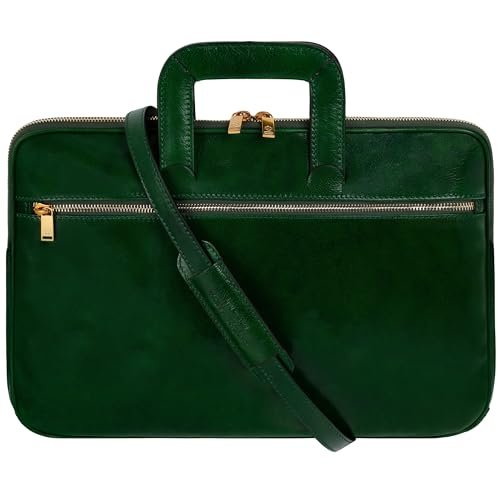 Wąska skórzana teczka - włoska ręcznie robiona skórzana torba na komputer - Aktówka dla mężczyzn i kobiet - torba na laptopa - Time Resistance (zielona)