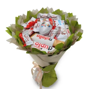 Słodki bukiet zielony i beżowy ze słodyczami Kinder (średnica 20 cm) - Zestawy upominkowe - miniaturka - grafika 1