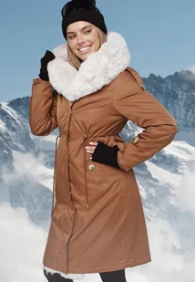 Brązowa Kurtka Parka z Kapturem Futrzaną Wyściółką i Ściągaczem w Talii Semarien - Kurtki damskie - miniaturka - grafika 1