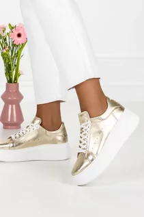 Sneakersy damskie - Złote sneakersy skórzane damskie buty sportowe sznurowane na białej platformie PRODUKT POLSKI Casu 2275 - grafika 1
