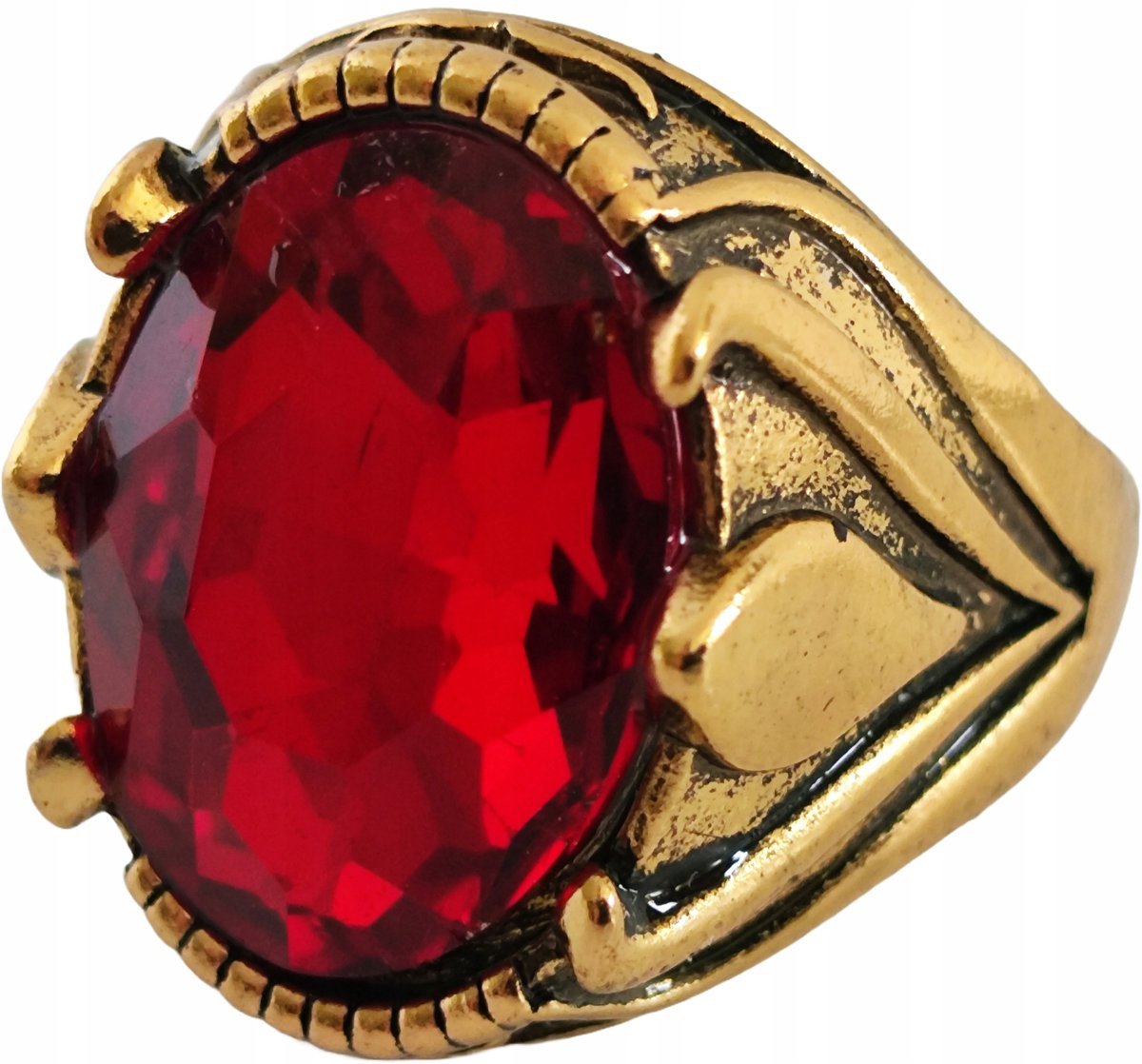 Złoty Sygnet z Dużym Rubinem Czerwony Kamień Stal Szlachetna Vintage