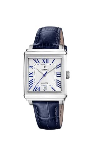 Festina Zegarek damski F20682/2 na kwadratowym szarym etui ze stali nierdzewnej niebieski skórzany pasek, srebrny, pasek