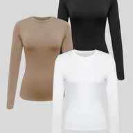 Bluzki damskie - TEMU 3-pak jednokolorowych koszulek z długim rękawem dla kobiet - dzianina poliestrowa, okrągły dekolt, regularny krój, kolekcja jesień/ - miniaturka - grafika 1
