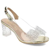 Sandały damskie - Złote Sandały S.Barski Eleganckie Buty Na Obcasie - miniaturka - grafika 1