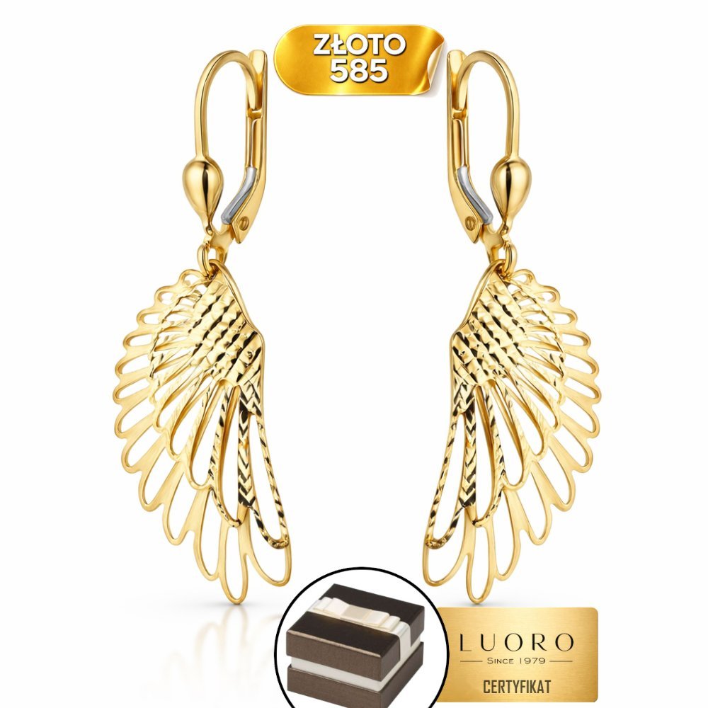 KOLCZYKI ZŁOTE 585 14K SKRZYDŁA DIAMENTOWANE ANGIELSKIE ZAPIĘCIE 39 CM