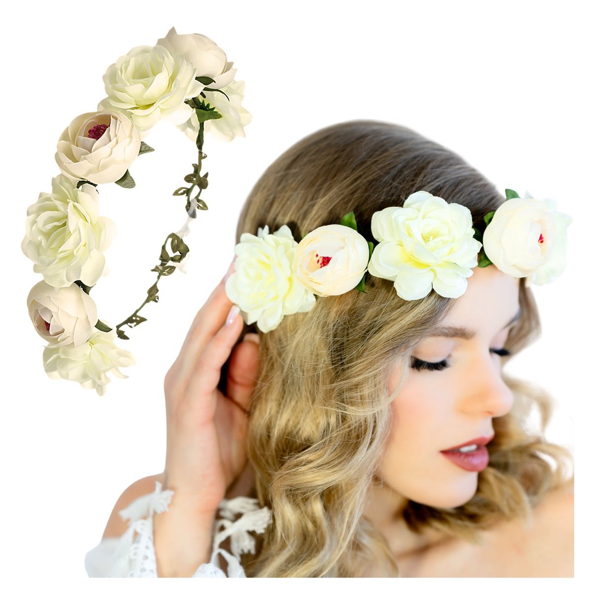 Opaska Wianek do Włosów Biały na Głowę z Kwiatami Wiązany Duży i Wygodny