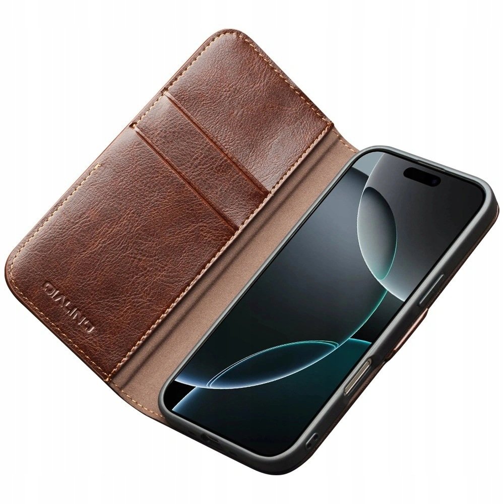 Skórzane Etui do iPhone 18 Pro 17 Pro Qialino, Case z podstawką portfel