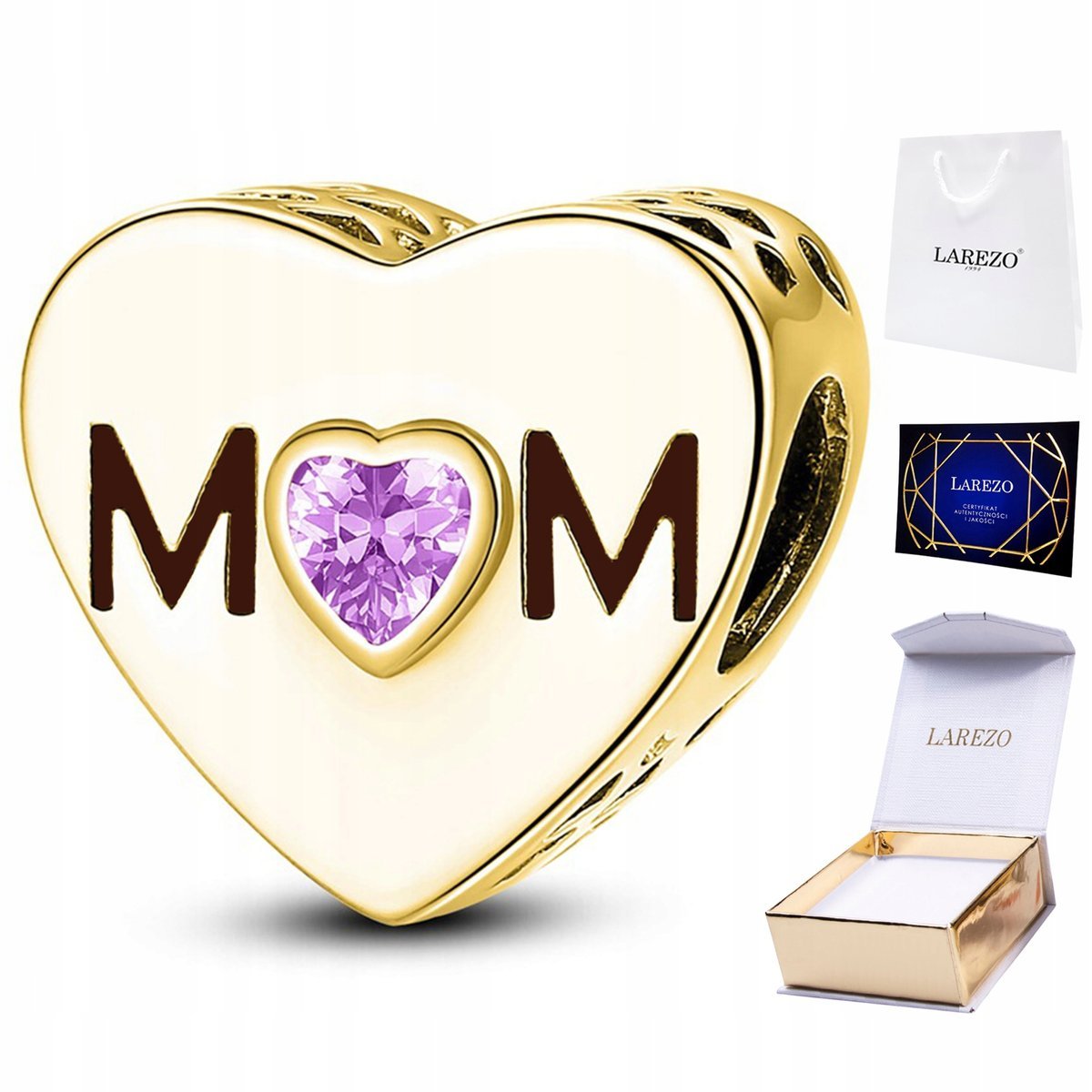 CHARMS ZŁOTY dla Mamy Różowa Cyrkonia Mom Mother Serduszko Love SREBRO 925