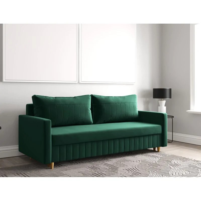 Sofa rozkładana MARO, sofa z funkcją spania i pojemnikiem na pościel, sofa rozkładana, sofa na nóżkach z naturalnego drewna, tkanina welurowa, kanapa w kolorze: zielony