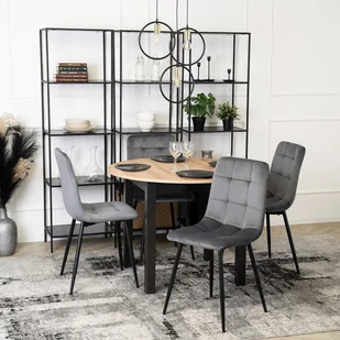 Zestaw Stół Okrągły Rozkładany HARRY 102-142 cm Dąb Riviera/Czarny i 4 Krzesła Tapicerowane PERU Szare Welurowe Nowoczesne Loft - Stoły z krzesłami - miniaturka - grafika 1