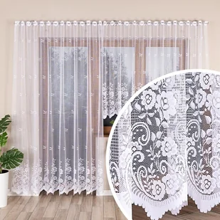 Długa gotowa firanka żakardowa z fabrycznymi otworami na drążek karnisza, kolor biały, rozmiar 300x250 cm, Sara - Firany - miniaturka - grafika 1