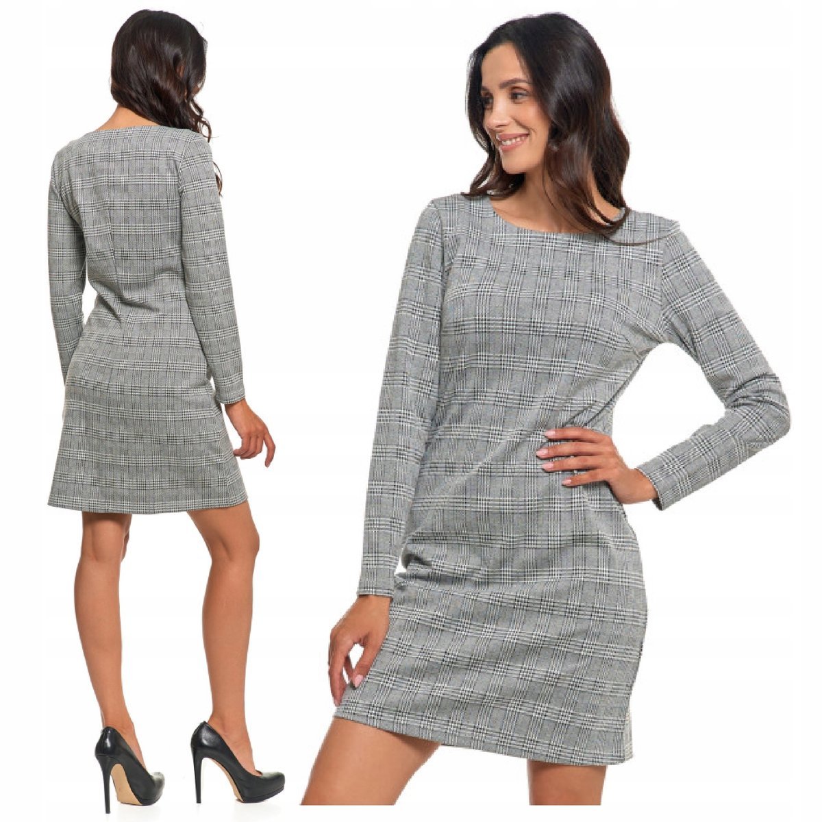 Sukienka Damska Elegancka Ołówkowa Długi Rękaw Przed Kolano w Kratę S MORAJ