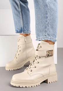 Beżowe Płaskie Botki w Stylu Workerów z Paskiem i Metaliczną Klamrą Saivone - Botki damskie - miniaturka - grafika 1