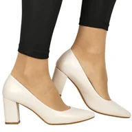 Czółenka - DAMSKIE CZÓŁENKA NA SŁUPKU SERGIO LEONE PB414 BEŻOWE PERŁOWE - miniaturka - grafika 1