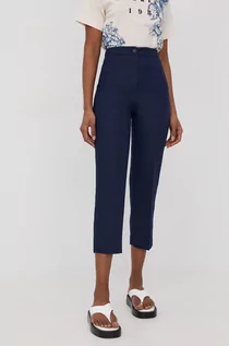 Spodnie damskie - Trussardi spodnie lniane damskie kolor granatowy fason cygaretki high waist - grafika 1