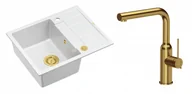Zlewozmywaki z baterią - Quadron Unique Zlewozmywak granitowy jednokomorowy 62*50*22 cm z ociekaczem MORGAN 116 SNOW WHITE z syfonem Push-2-Open w kolorze złotym z baterią ANGELINA Q LINE z wyciąganą wylewką kolor złoty - miniaturka - grafika 1