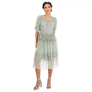 Sukienki - Maya Deluxe Damska sukienka Midi Ladies Sequin Embellished Short Sleeve Dress for Wedding Guest Bridesmaid Balowa Evening Occasion sukienka, Green Lily, 46 - grafika 1